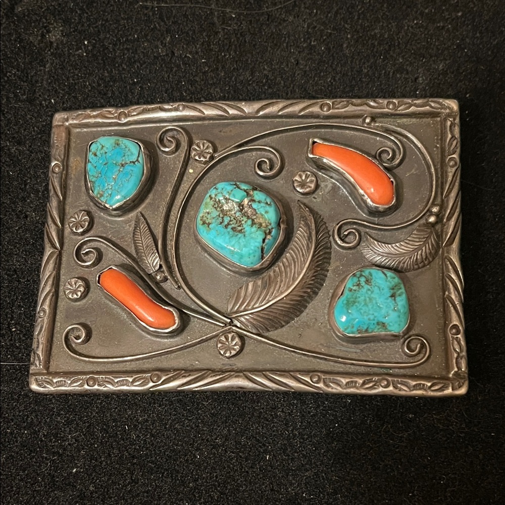 Vintage Native American, Turquoise and Coral Silver Belt Buckle